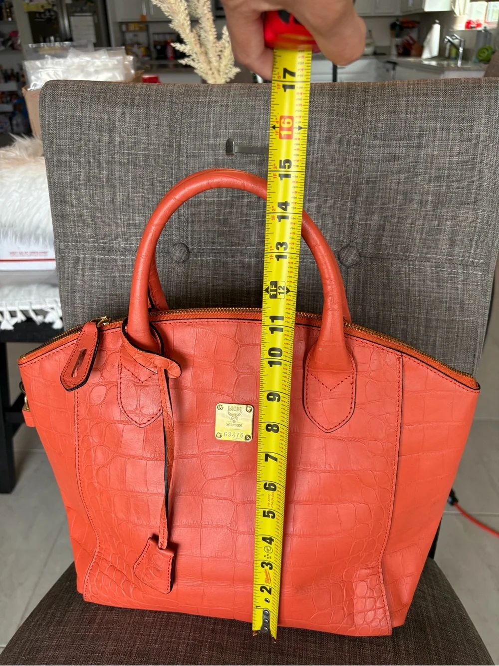 Mcm Orange Croc-Embossed Leather Tote Bag